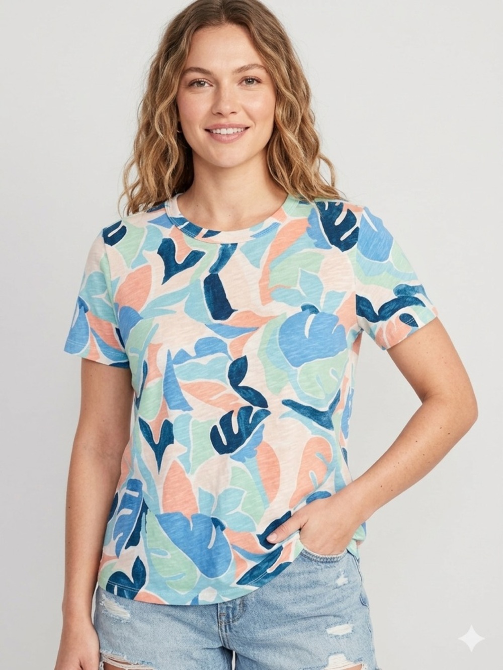 Old Navy Short Sleeve Tropical Leaf Crewneck Tee - Blue, Peach, Mint